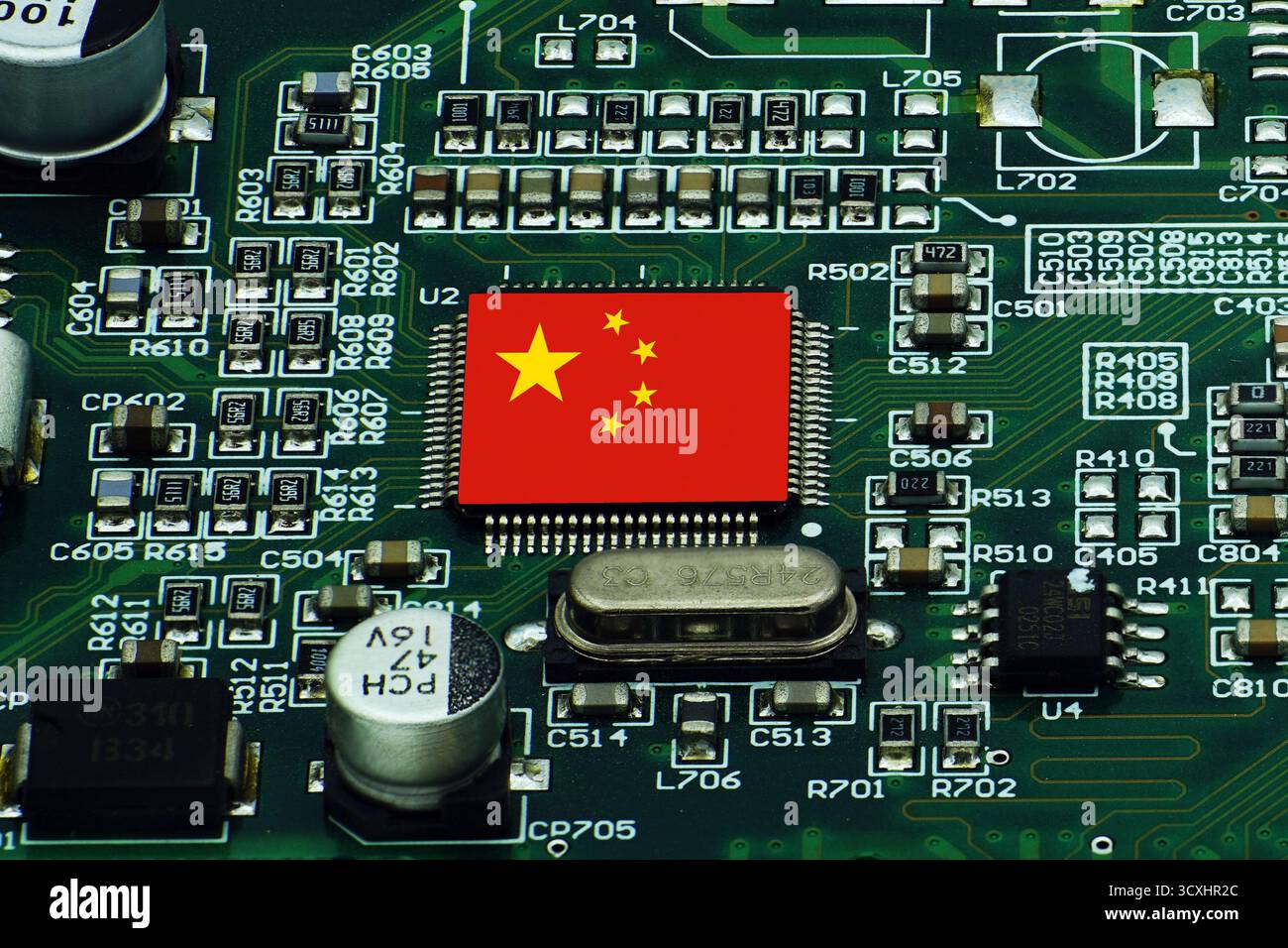 China flag on an AI GPU processor Stock Photo
