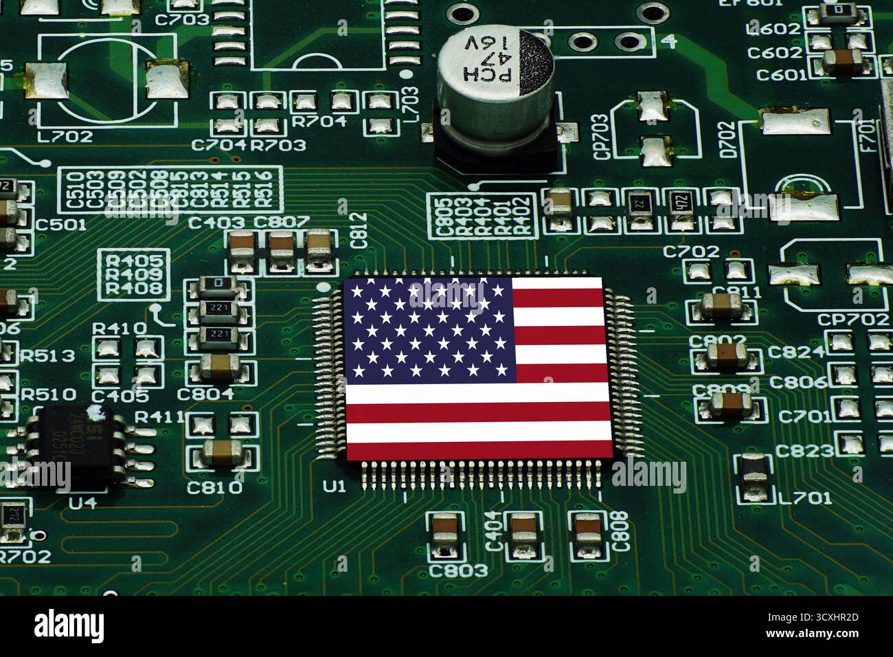 American flag on an AI GPU processor. Stock Photo