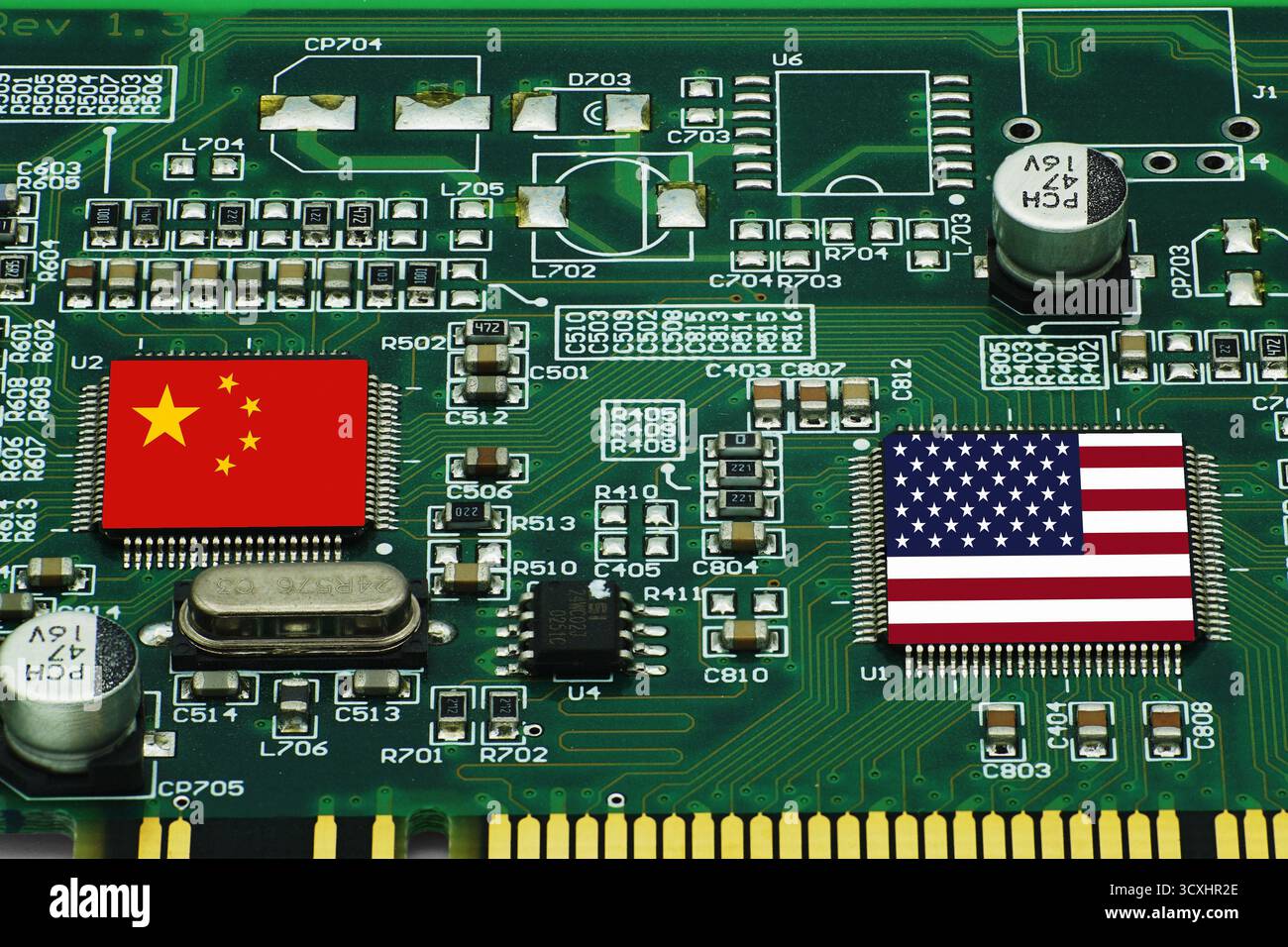 Chinese and American flags on AI GPU processors. Stock Photo