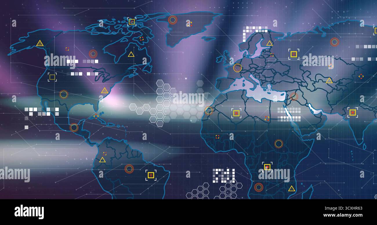 Displaying world map interface updating data on grid-lined dashboard, with geometric data markers Stock Photo
