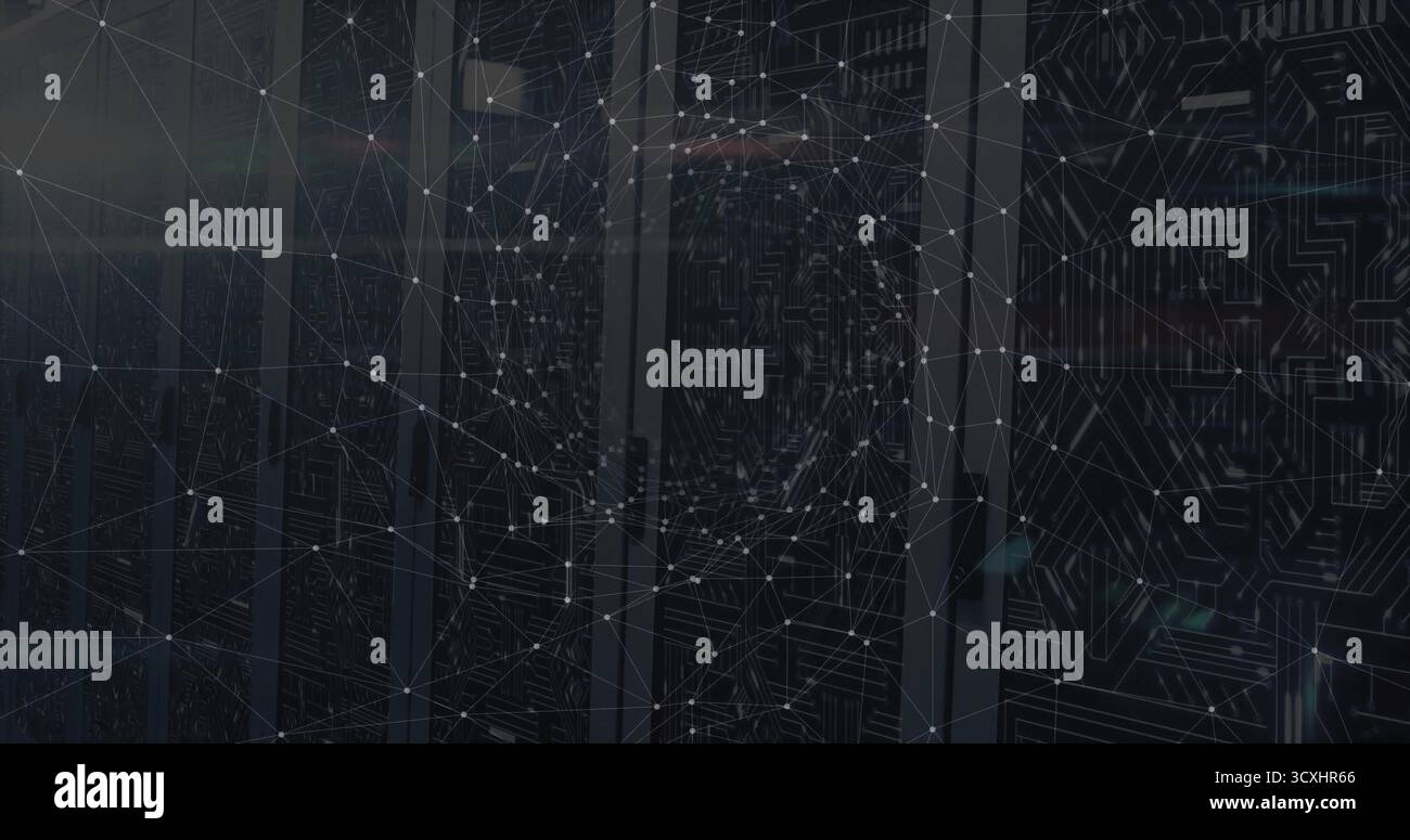 Showing server racks glowing with status indicator LEDs in dark server room, with network overlay Stock Photo