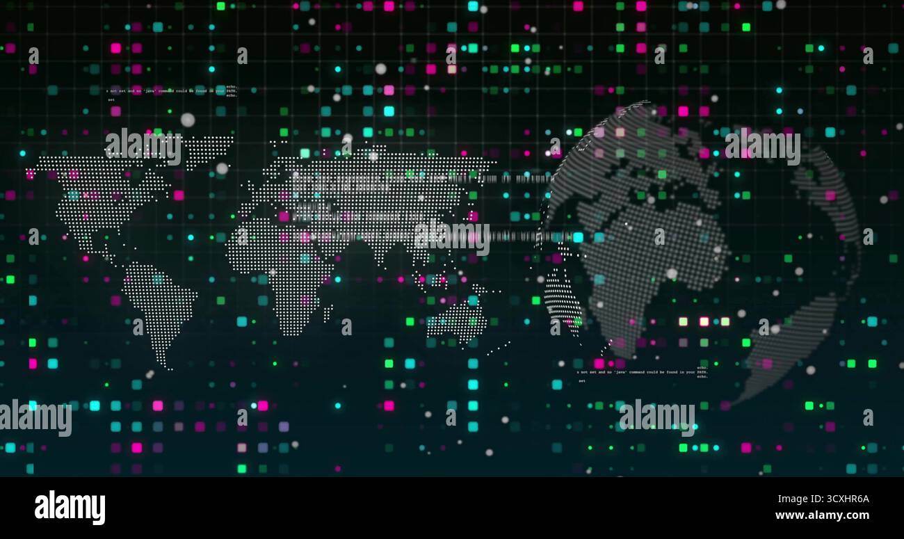 Displaying digital world map and rotating dotted globe on virtual grid, with colored data elements Stock Photo