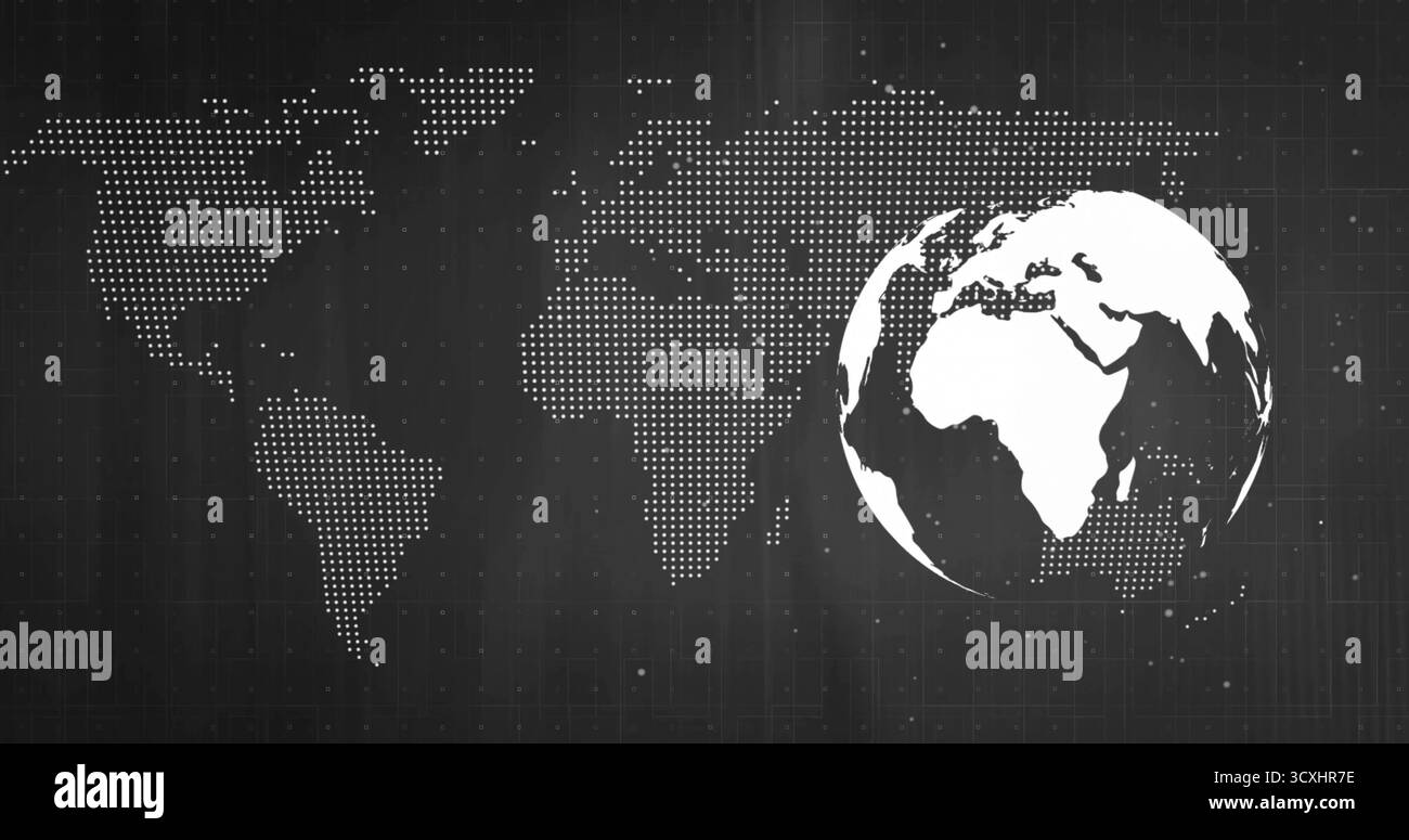 Displaying 3D globe showing Europe and Africa over grid, with dotted map, particles, copy space Stock Photo
