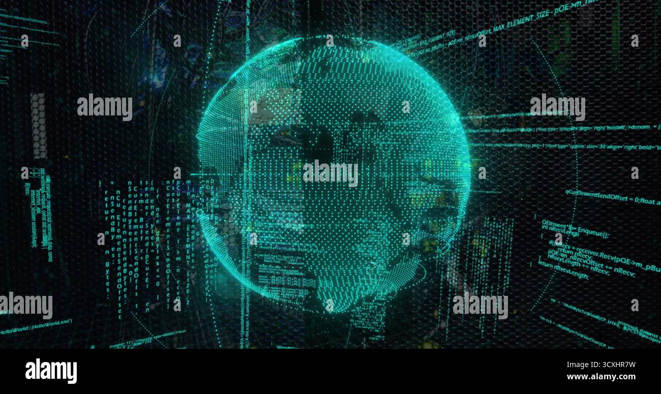 Floating holographic globe rotating in virtual data interface, with code streams and data lines Stock Photo