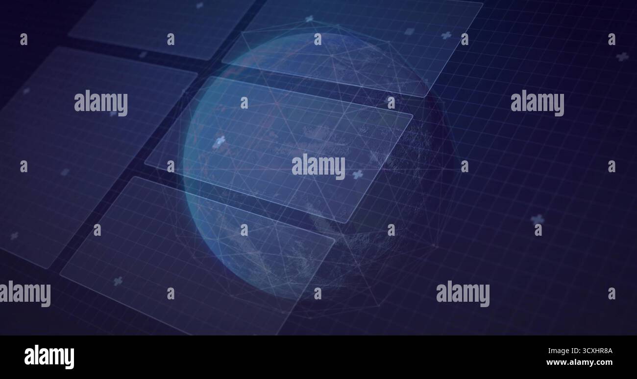 Displaying wireframe globe floating over virtual data interface grid, featuring panels and markers Stock Photo