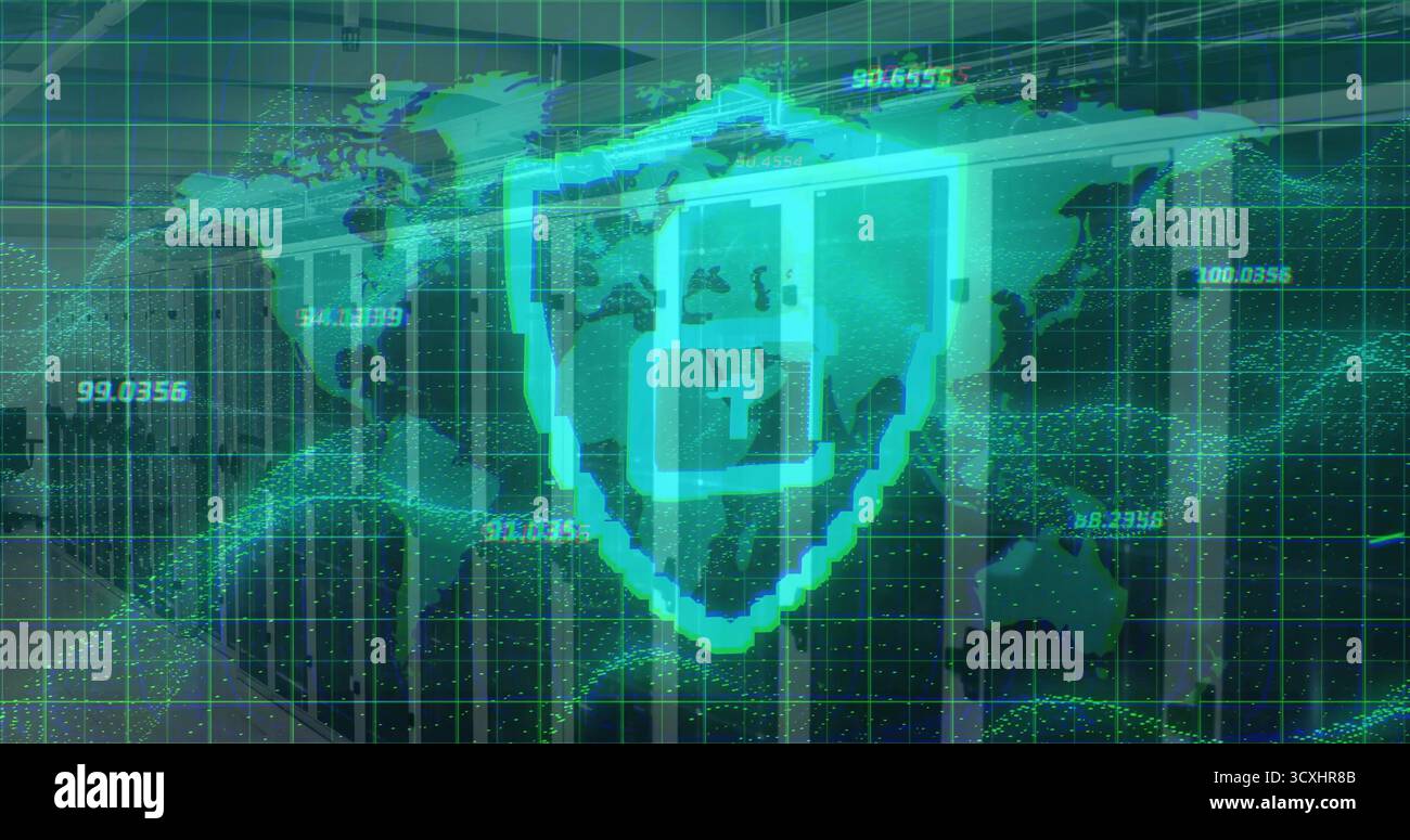 Displaying glowing shield icon with cross securing data on dashboard, world map and grid lines Stock Photo