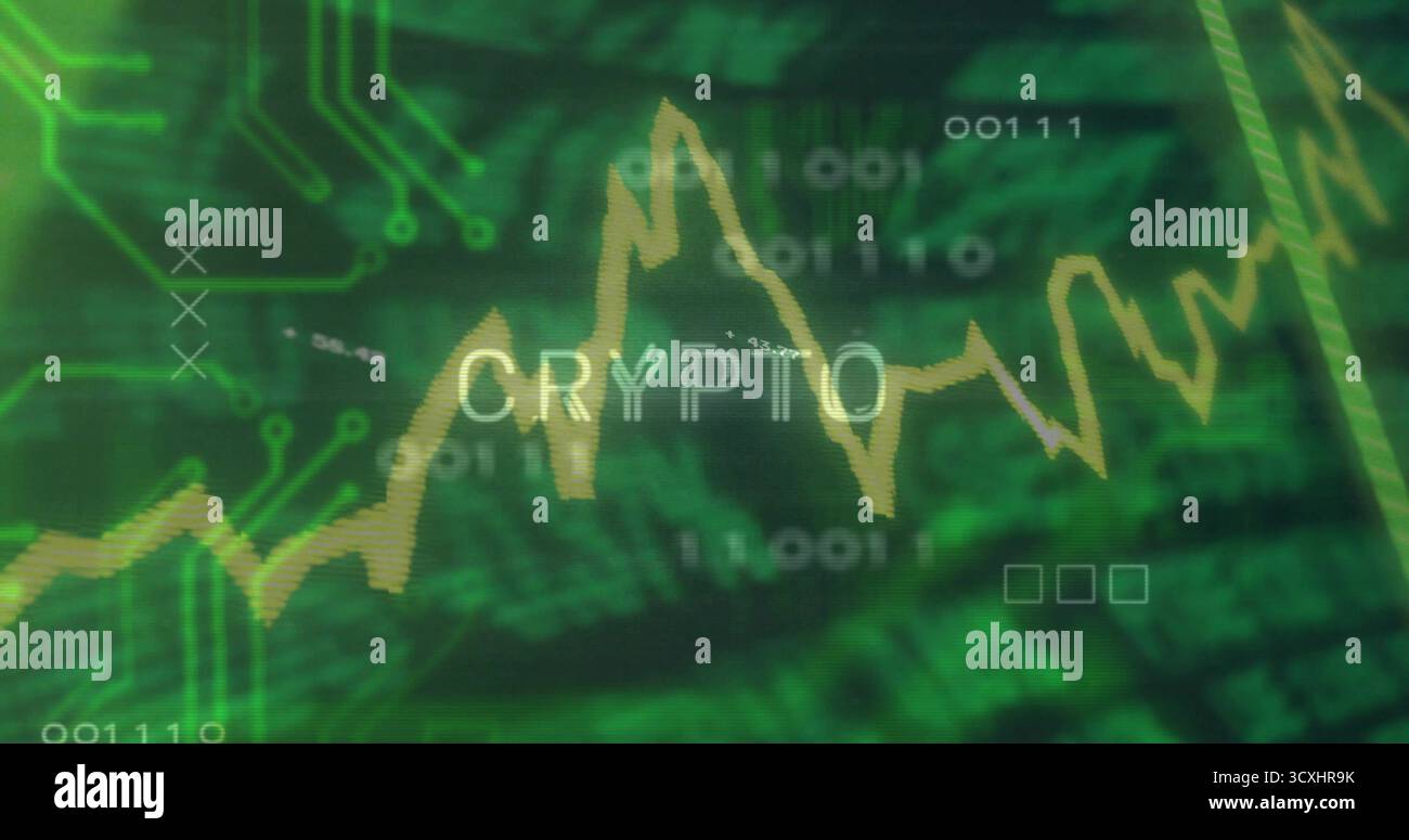 Displaying green crypto dashboard showing yellow line chart, CRYPTO text, binary digits, circuitry Stock Photo
