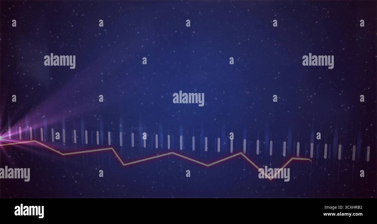 Displaying red jagged graph crossing translucent bars on panel, with magenta light, star particles Stock Photo