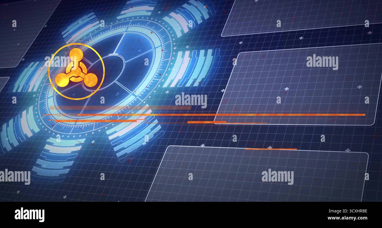Displaying HUD with blue rings, segmented bars, orange node icon, panels on blue grid, copy space Stock Photo