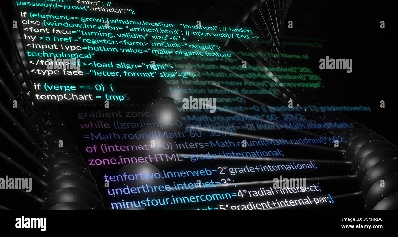 Displaying JavaScript and HTML code overlay on engine wall, with metal coils and spherical lights Stock Photo