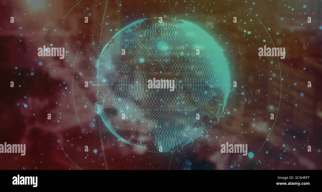 Rotating turquoise globe showing concentric network arcs in digital interface, with glowing nodes Stock Photo