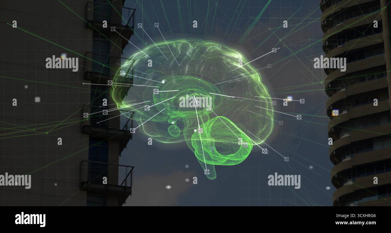 Floating green holographic brain projecting neon green data lines between towers, digital particles Stock Photo