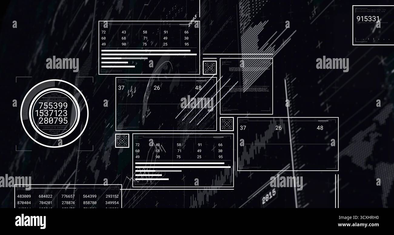 Displaying circular gauge showing numeric readouts on digital interface with panels, copy space Stock Photo