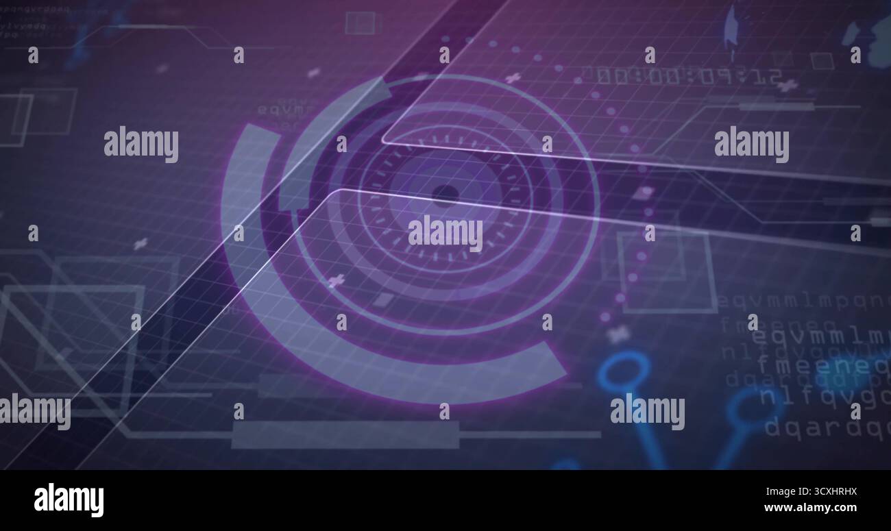 Displaying HUD over purple grid, featuring concentric rings, translucent panels, code snippets Stock Photo