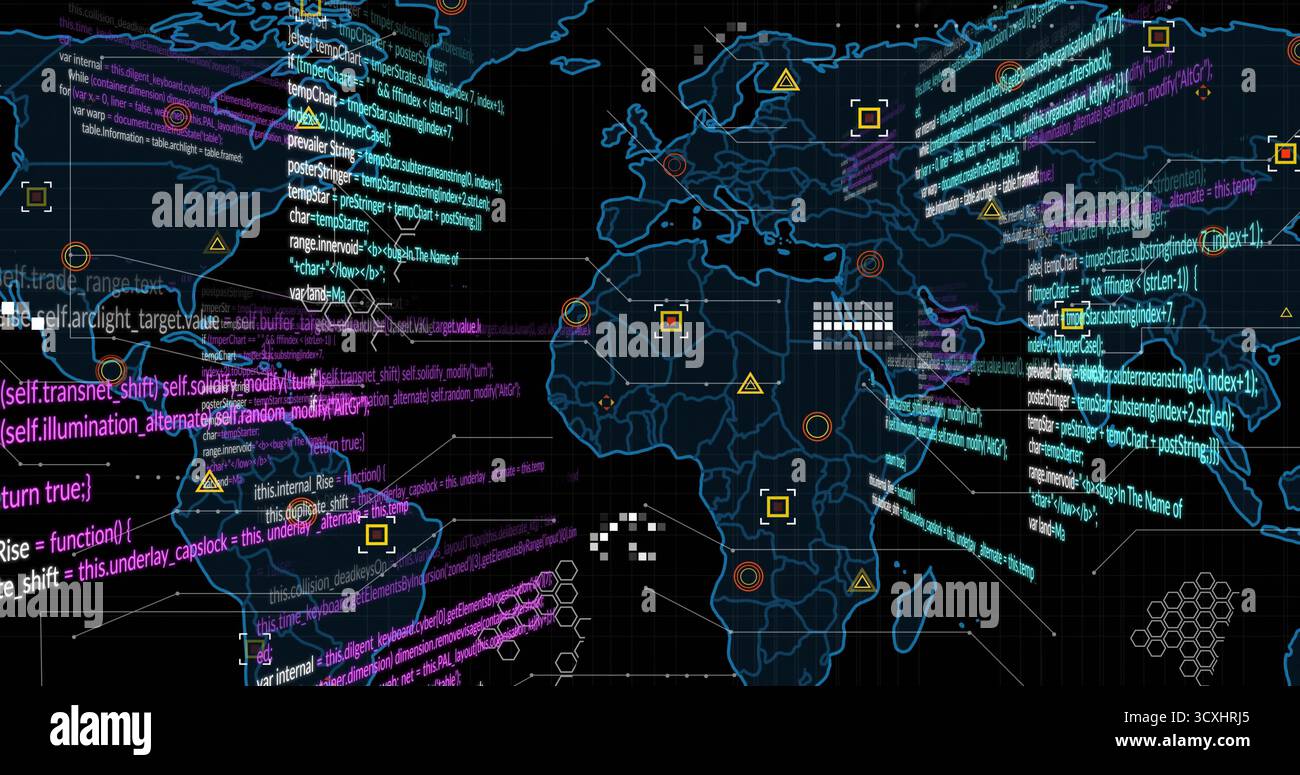 Displaying world map with code streams in data dashboard, neon shapes, red markers and hex patterns Stock Photo