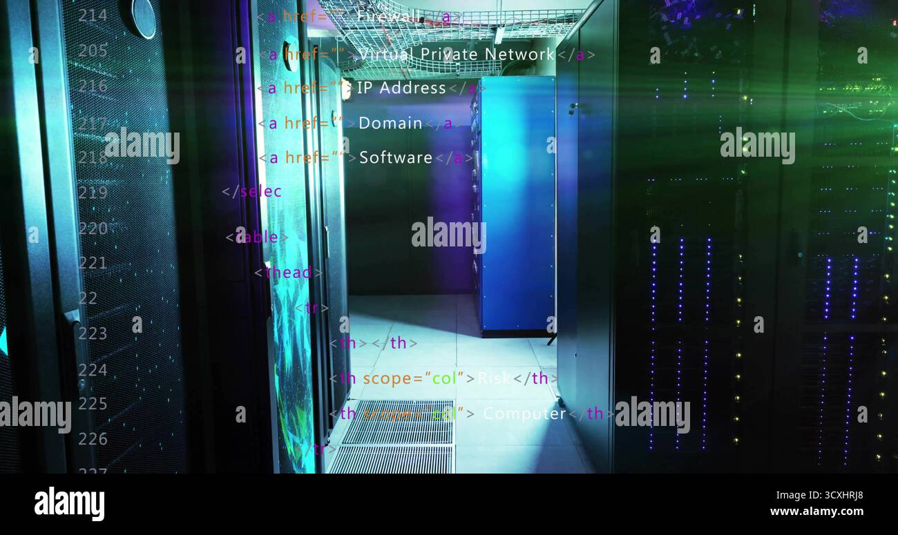 Illuminating data center corridor with blinking LED server racks and ...