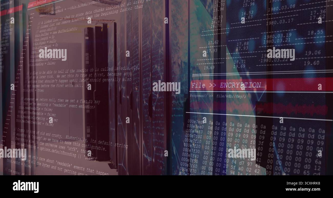 Displaying server racks processing encryption in data center, overlaying progress bar and globe Stock Photo