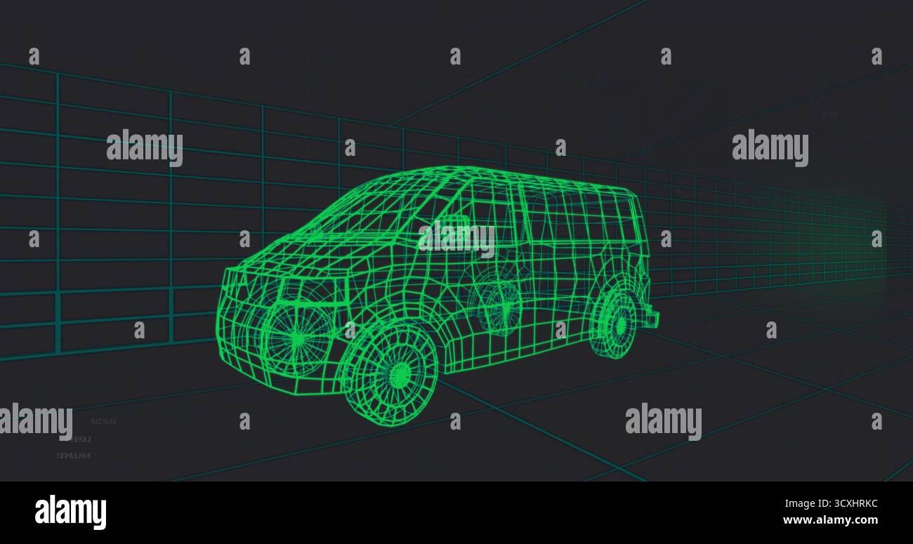 Rendering 3D wireframe van model in virtual 3D modeling workspace, with grid floor and wall panels Stock Photo