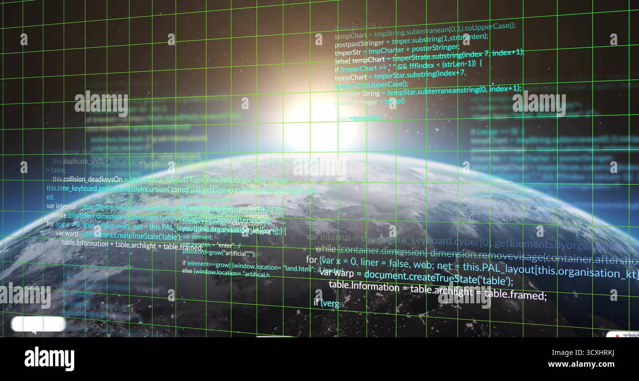 Orbiting planet Earth displaying green wireframe grid in space view, with code lines, sunrise glow Stock Photo