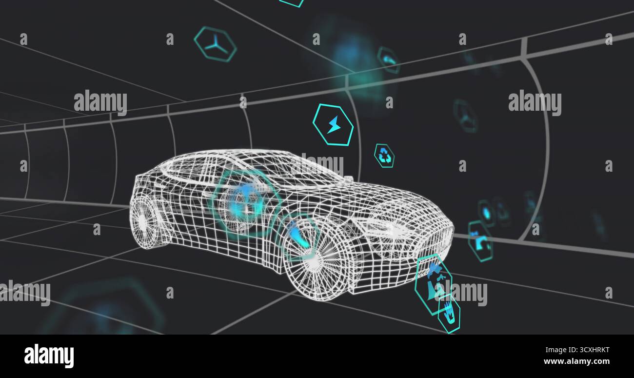 Rotating 3D wireframe car model displaying in grid tunnel, with floating hexagonal tech icons Stock Photo