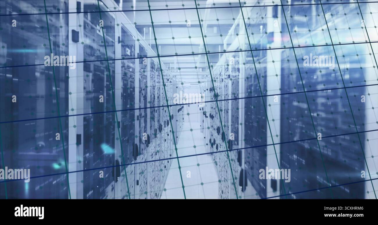 Displaying central aisle running through data center, with server racks and network grid overlay Stock Photo