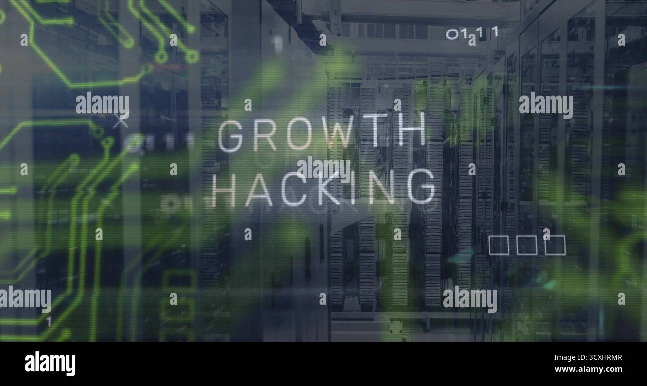Displaying GROWTH HACKING text centering inside data center, with server racks, circuit overlay Stock Photo