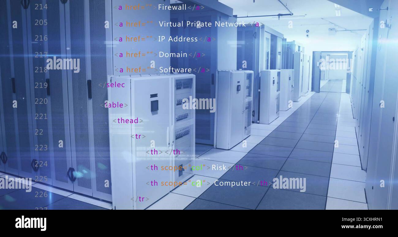 Displaying data center corridor stretching between server cabinets and racks, with code overlay Stock Photo