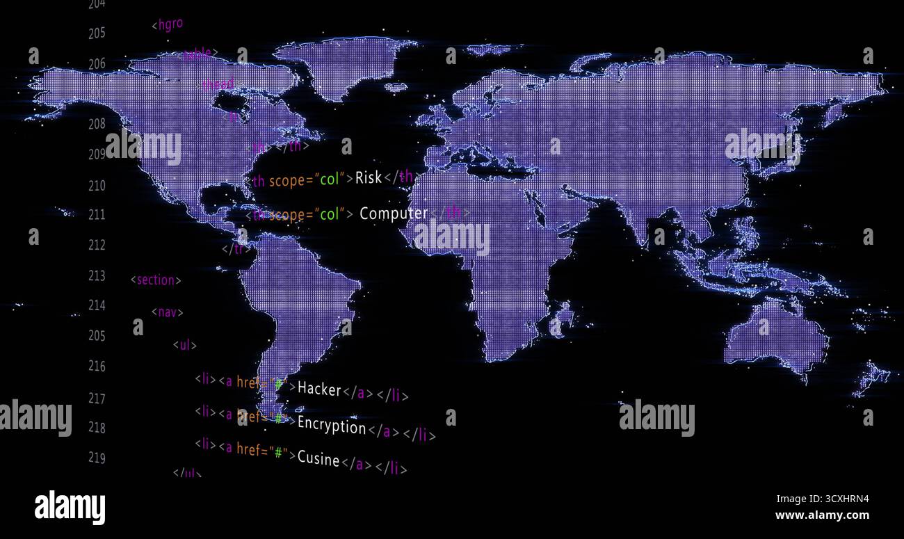 Displaying purple-hued pixelated world map on computer screen, showing colored HTML code lines Stock Photo
