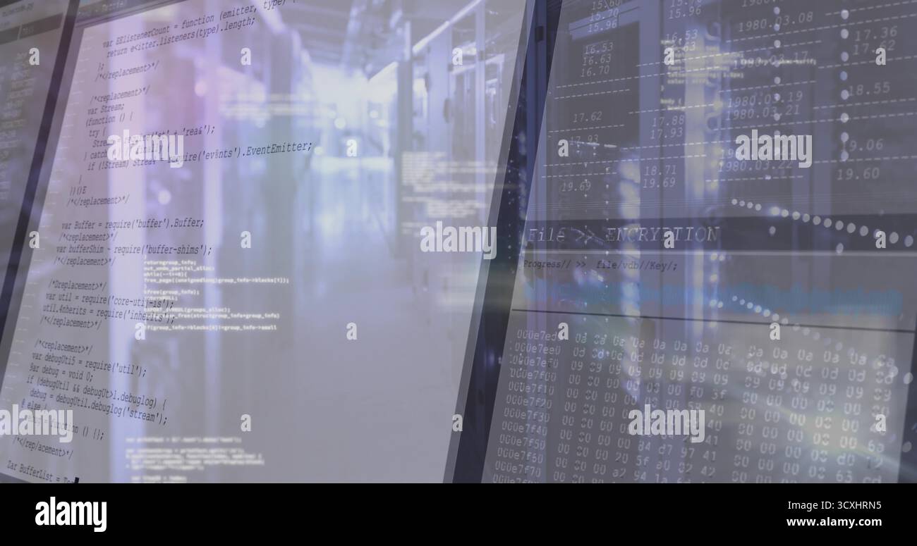 Displaying server racks with blinking LEDs in data center corridor showing code encryption overlay Stock Photo
