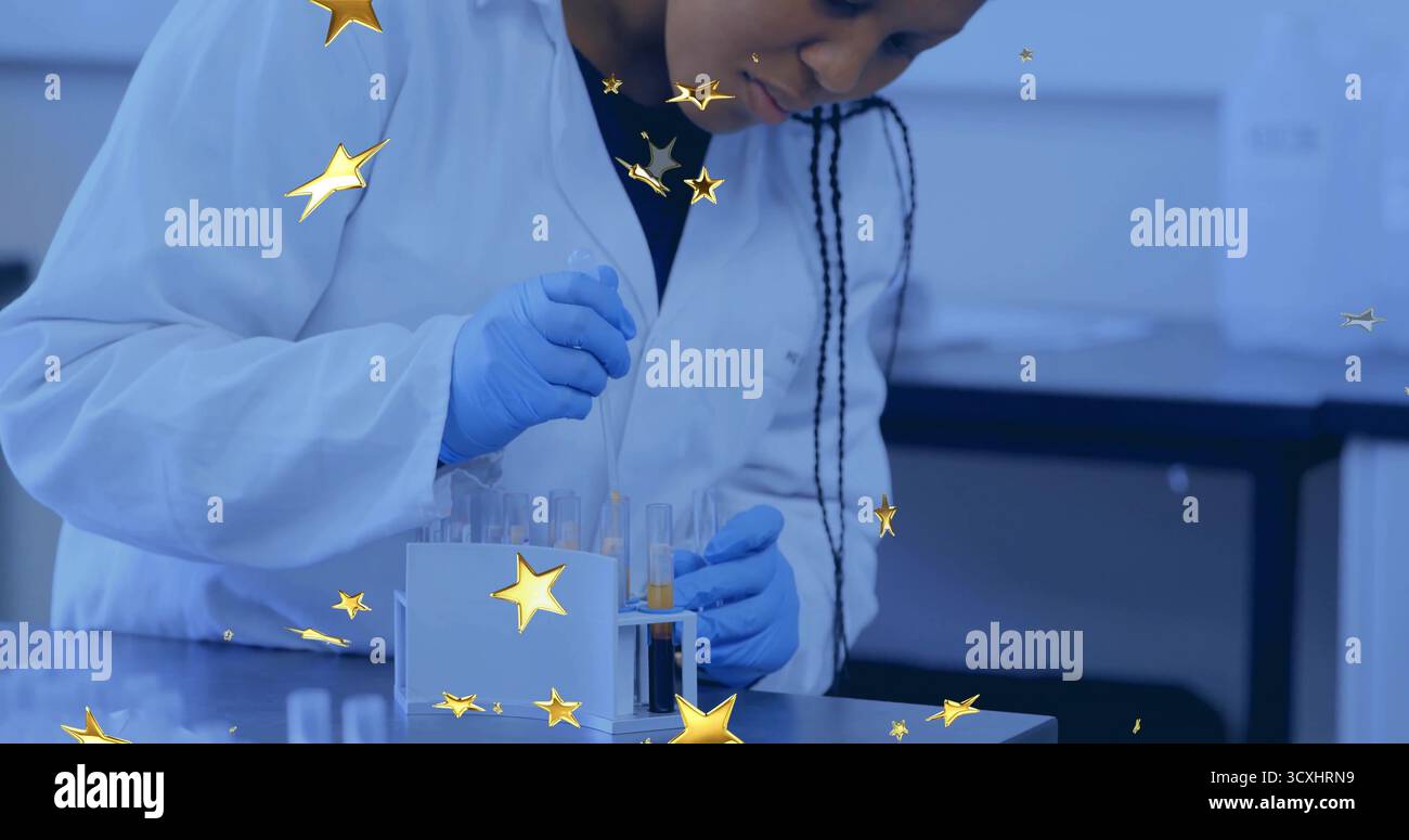 Female scientist in lab coat and gloves handling test tubes and pipette ...