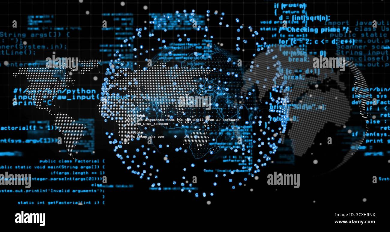 Displaying dotted world map on interface with 3D globe, blue data points, code on black grid Stock Photo