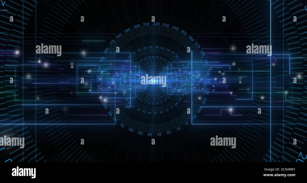 Displaying interface featuring central light, circular numeric dial on grid pulsing data streams Stock Photo