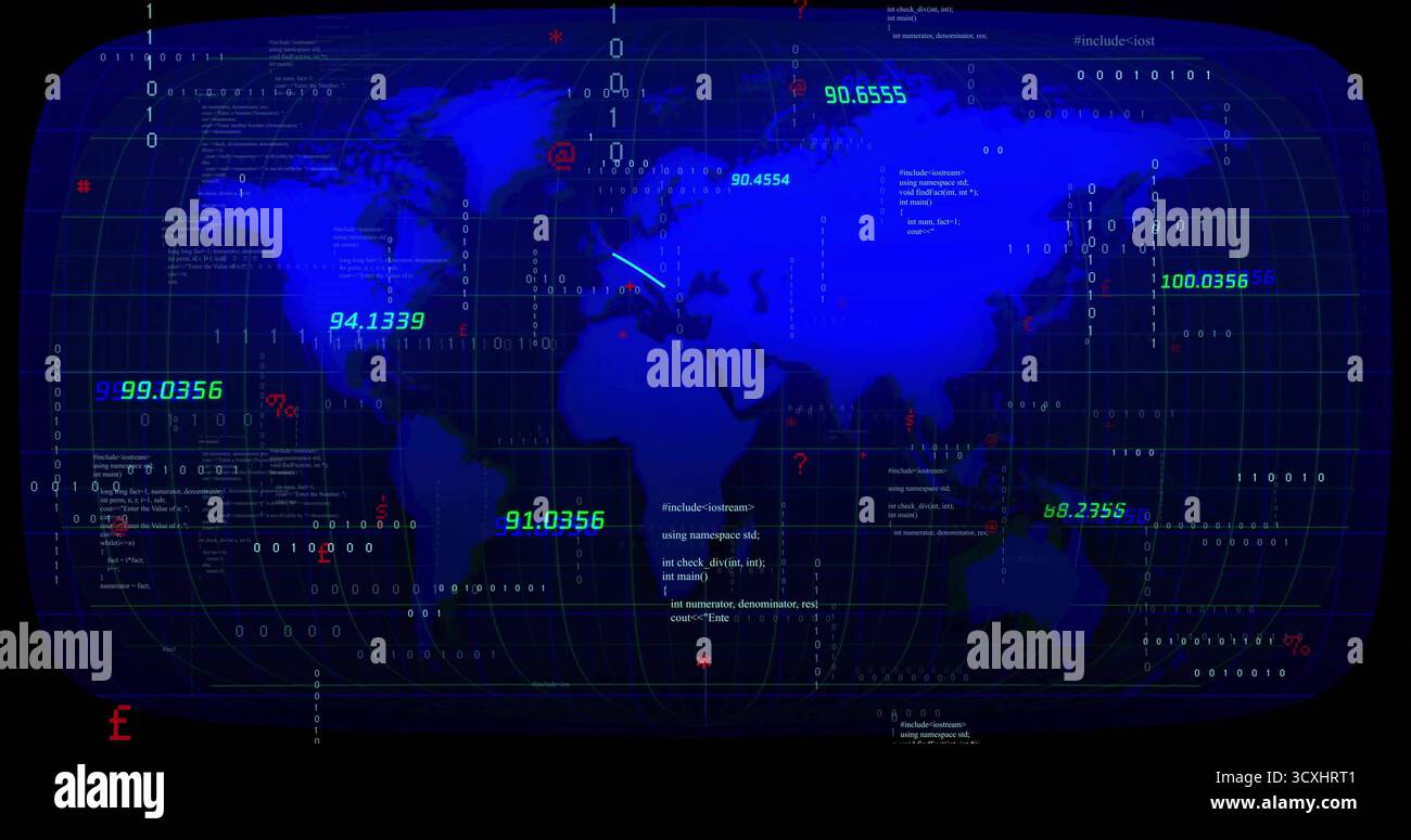 Digital dashboard displaying world map in control center, with binary code streams and numeric data Stock Photo