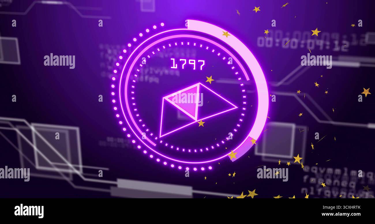 Displaying HUD featuring dotted ring, prism icon and numeric readout 1797, in code backdrop Stock Photo