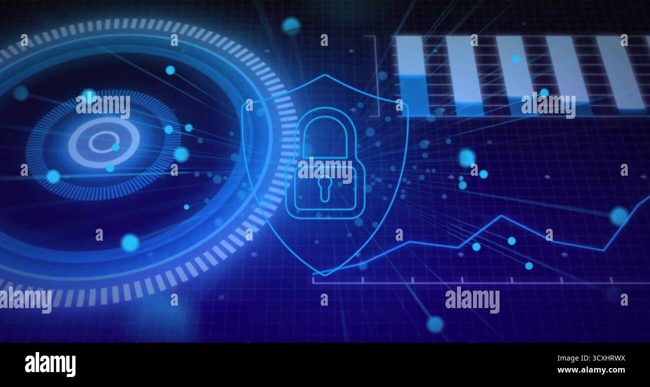 Displaying shield containing lock icon on blue grid, with progress circles, bars, line graph nodes Stock Photo