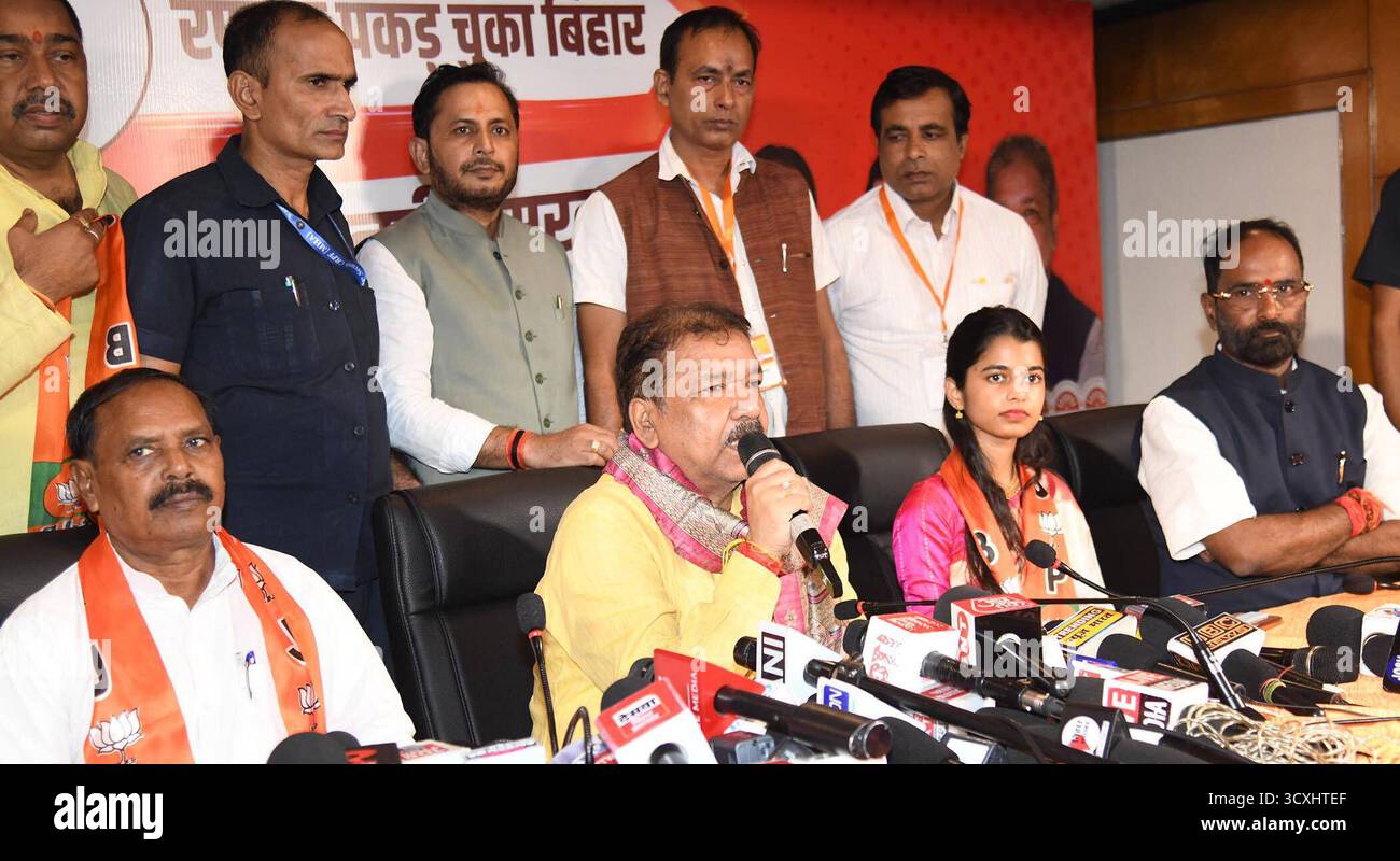 PATNA, INDIA - OCTOBER 14: Bihar BJP president Dilip Jaiswal addressing ...