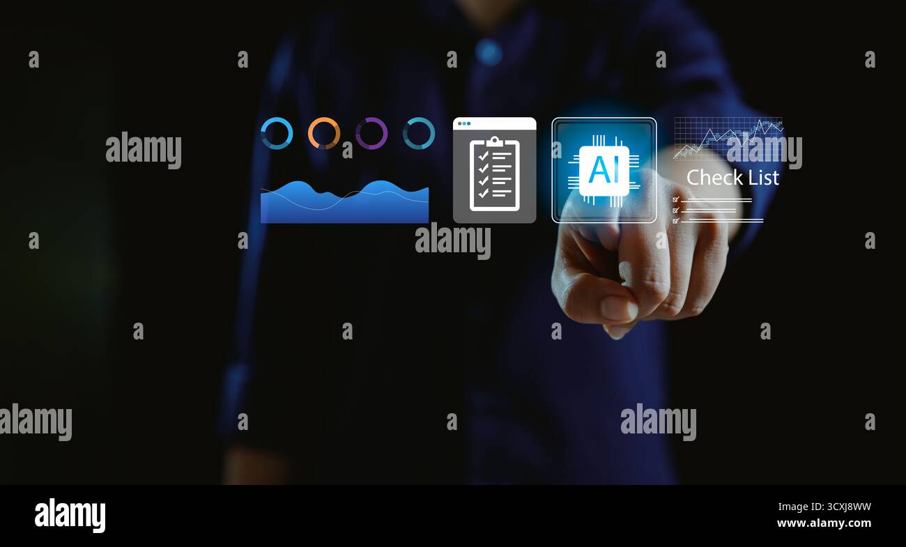 Businessman touching virtual AI interface with data analytics, checklist and technology icons, symbolizing artificial intelligence, Stock Photo