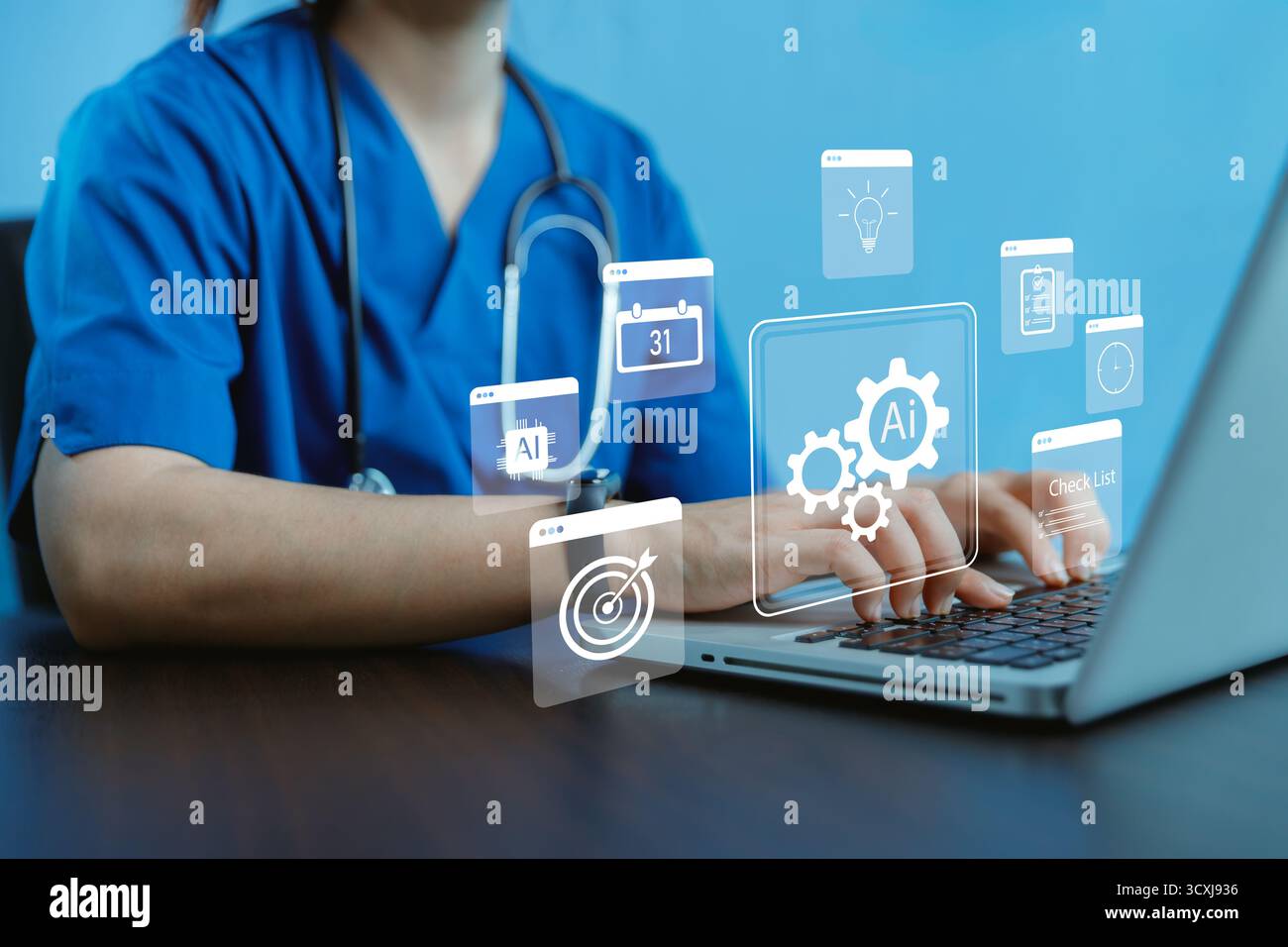 Medical professional using laptop with AI icons, checklist and ...