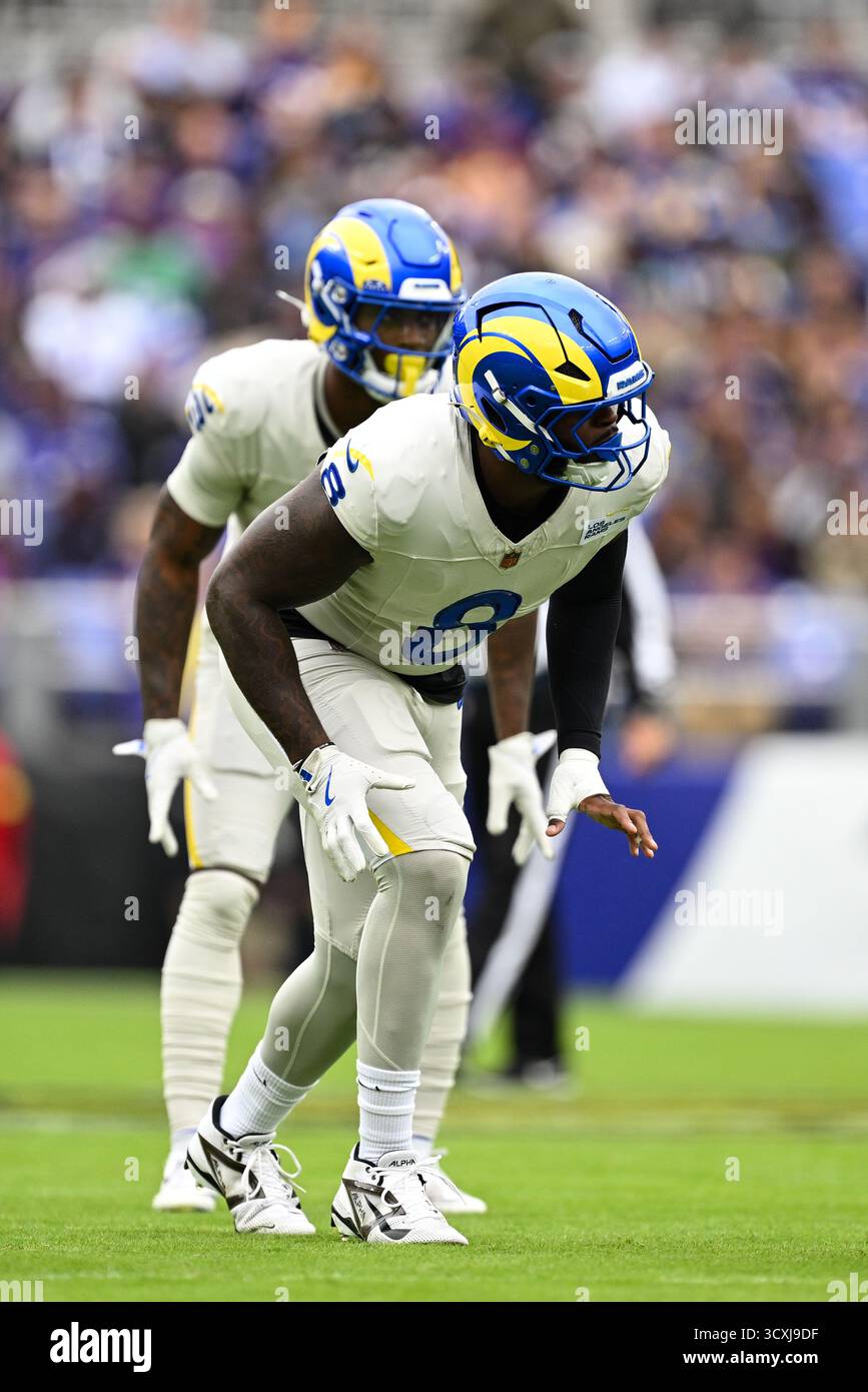 Los Angeles Rams linebacker Jared Verse (8) gets in position during the ...