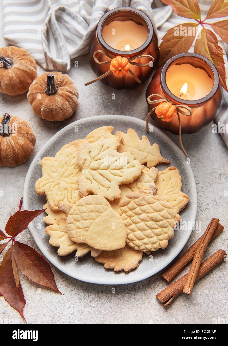 Fall themed shortbread cookies arranged on a plate with cinnamon sticks ...