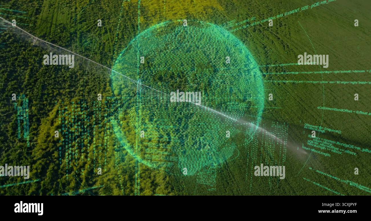 Hovering holographic data sphere above high-altitude forest canopy, with streaming computer code Stock Photo