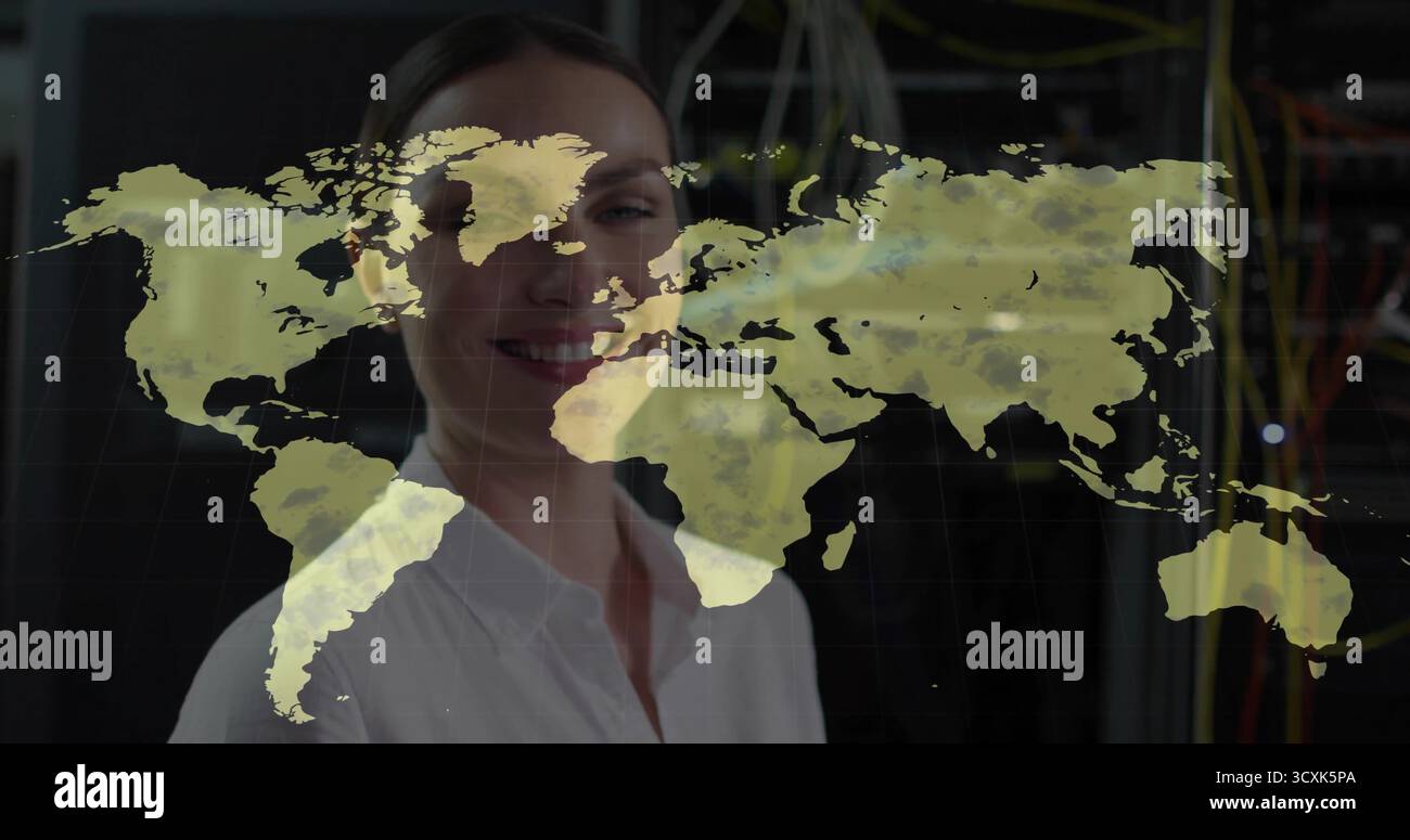IT engineer wearing white shirt analyzing projected world map in server room, with racks and cables Stock Photo