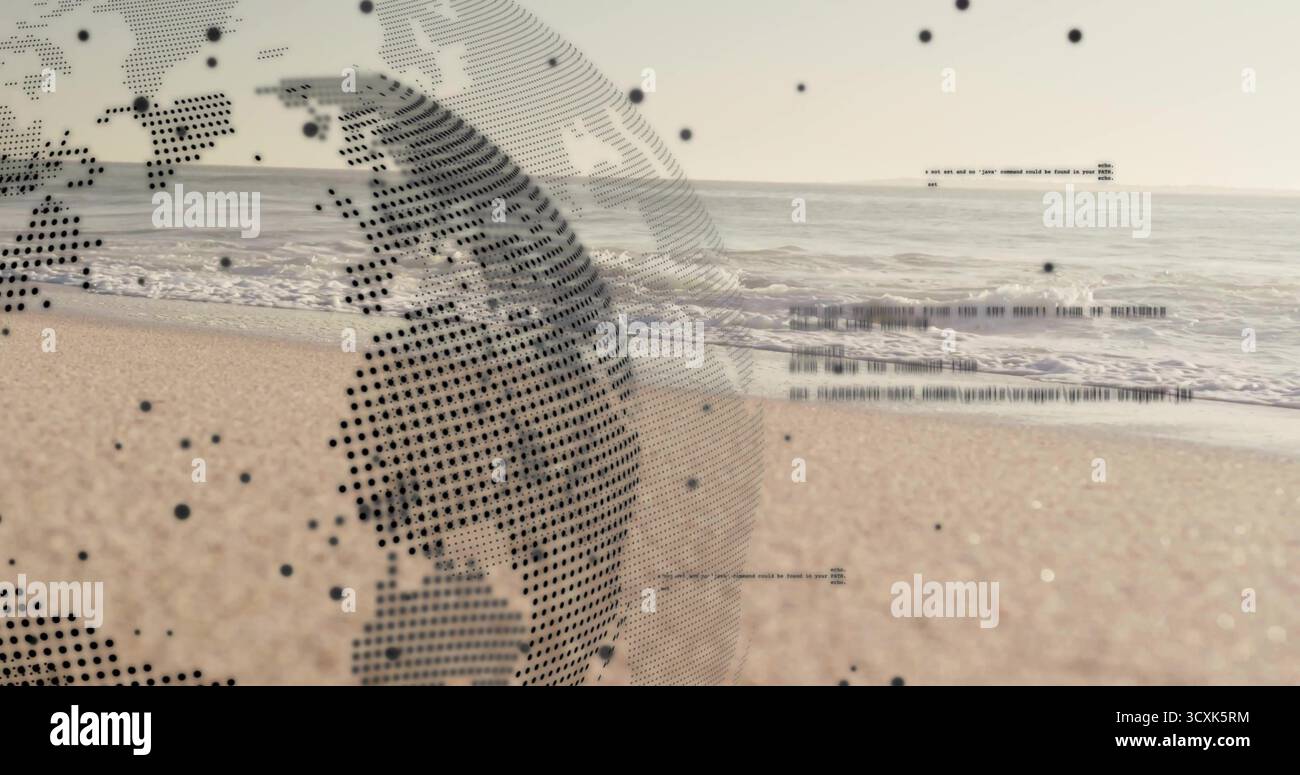Projecting digital dot-matrix globe hovering above sandy shoreline, ocean waves with floating dots Stock Photo
