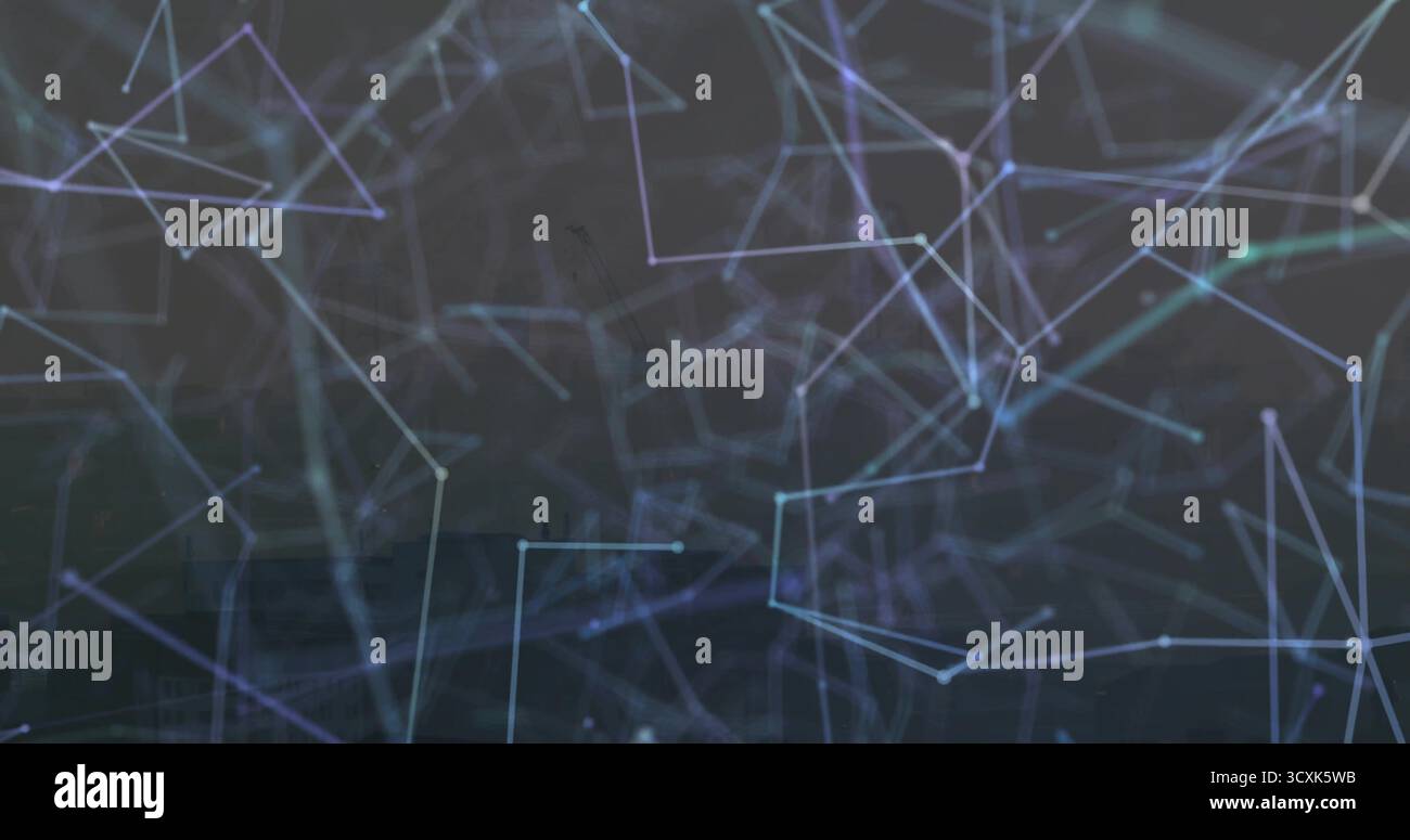 Displaying glowing nodes and connecting lines forming translucent polygons in dark interface Stock Photo