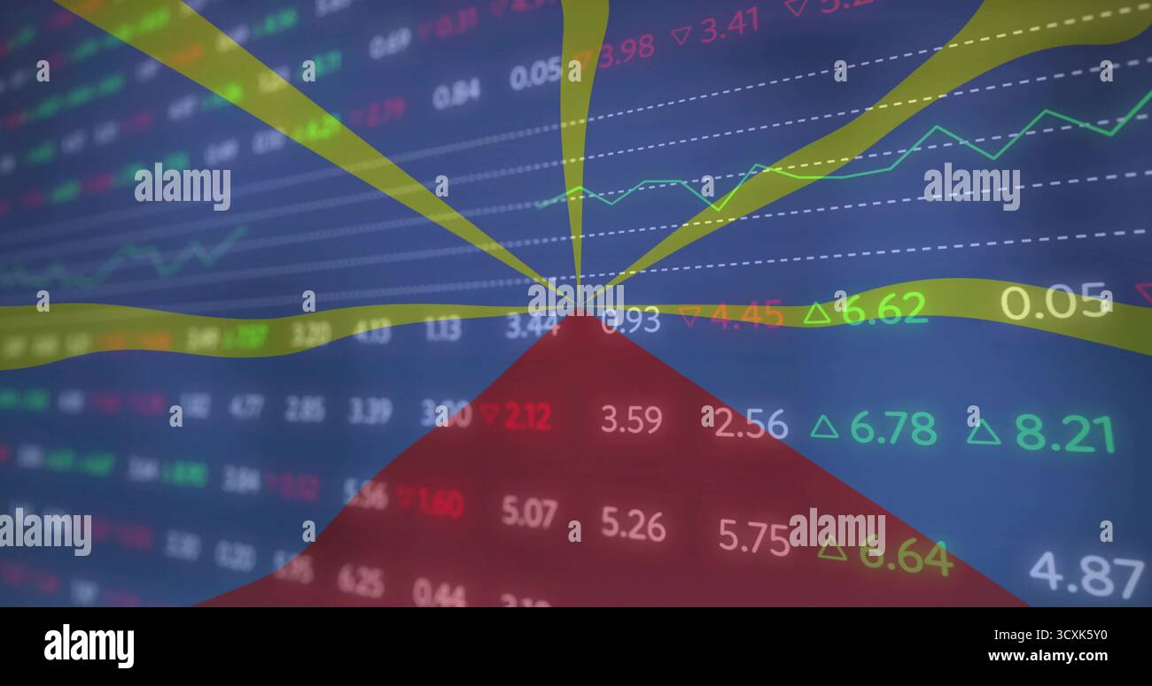 Displaying financial data radiating colored ribbons on screen, with ...