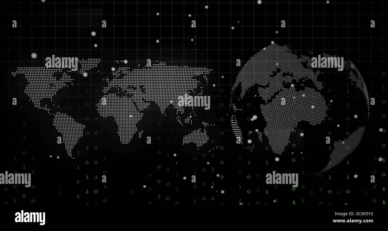 Displaying UI showcasing dotted world map and globe on dark grid lines, with floating binary digits Stock Photo