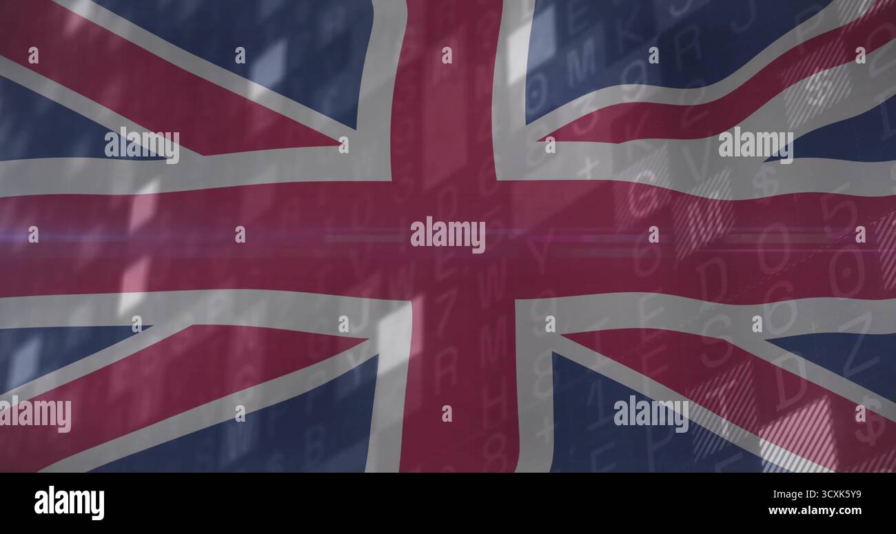 Displaying Union Jack flag filling frame on data grid, with code and light streaks Stock Photo