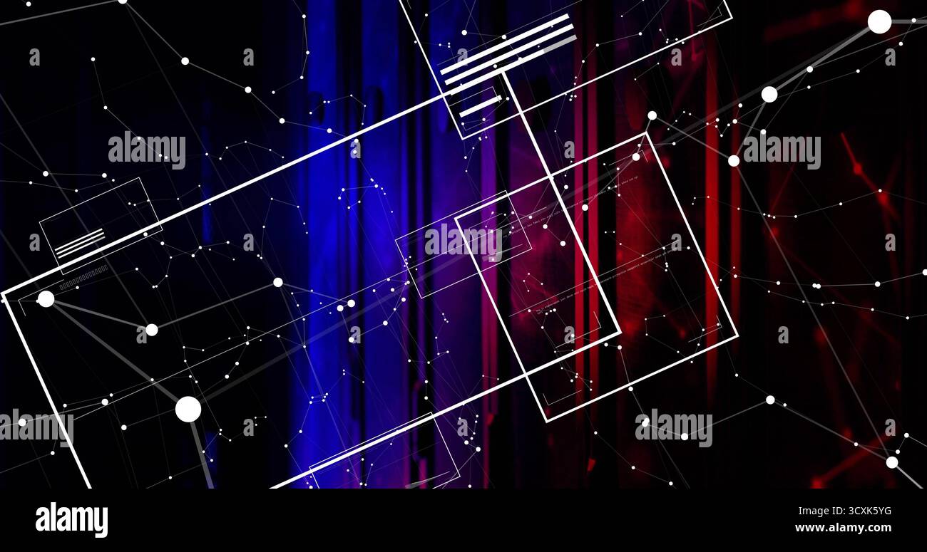 Displaying digital network on split blue red background, with white frames and nodes Stock Photo