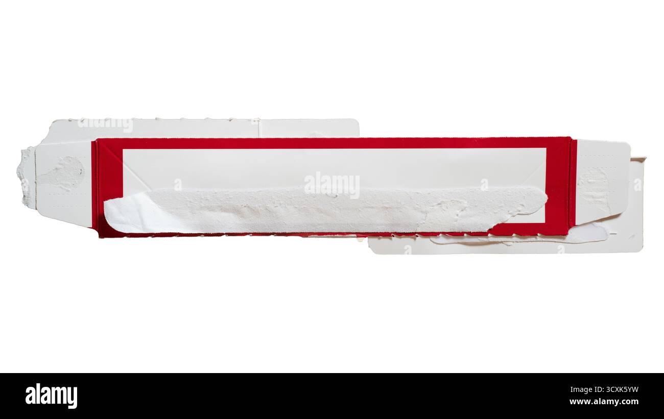 Rectangular paper torn from part of red and white box packaging flap Stock Photo