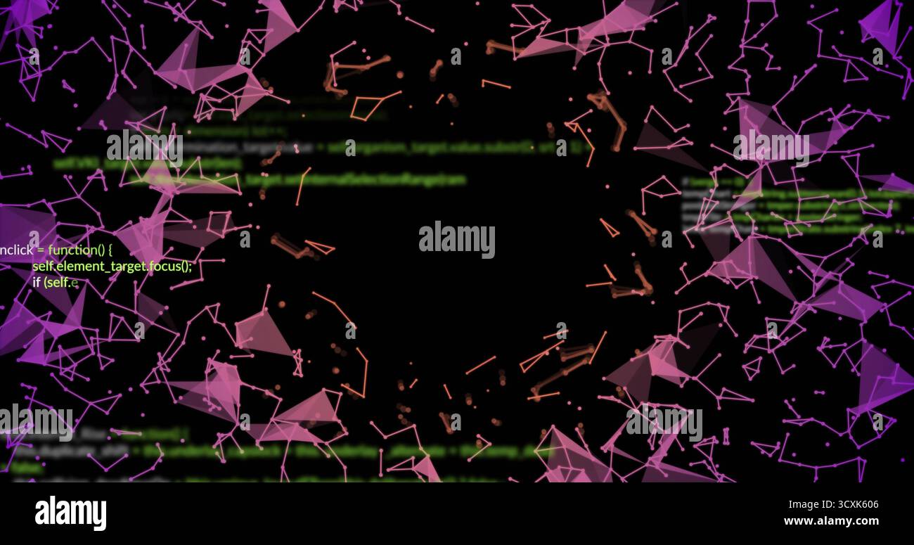 Displaying network visualization on digital screen, with glowing meshes and scrolling green code Stock Photo